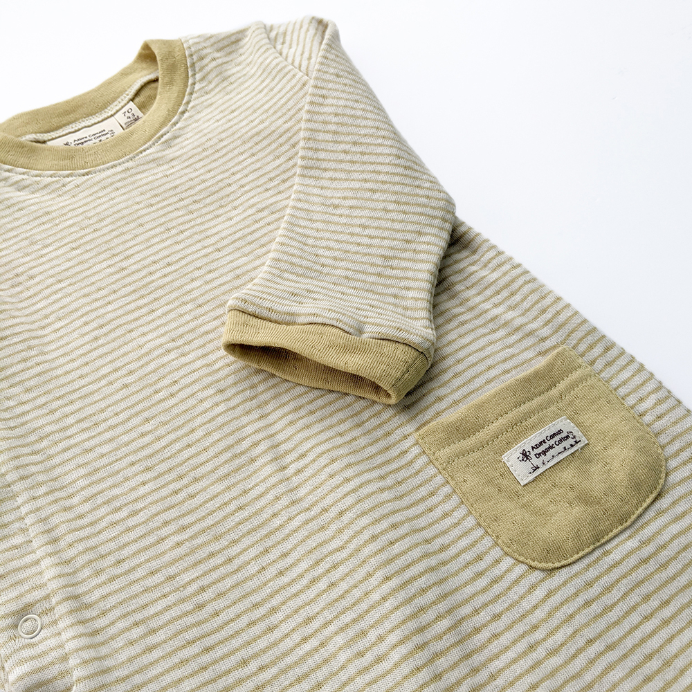 有機棉嬰幼兒雙層彩長袖連身褲-綠條 | 藍天畫布有機棉