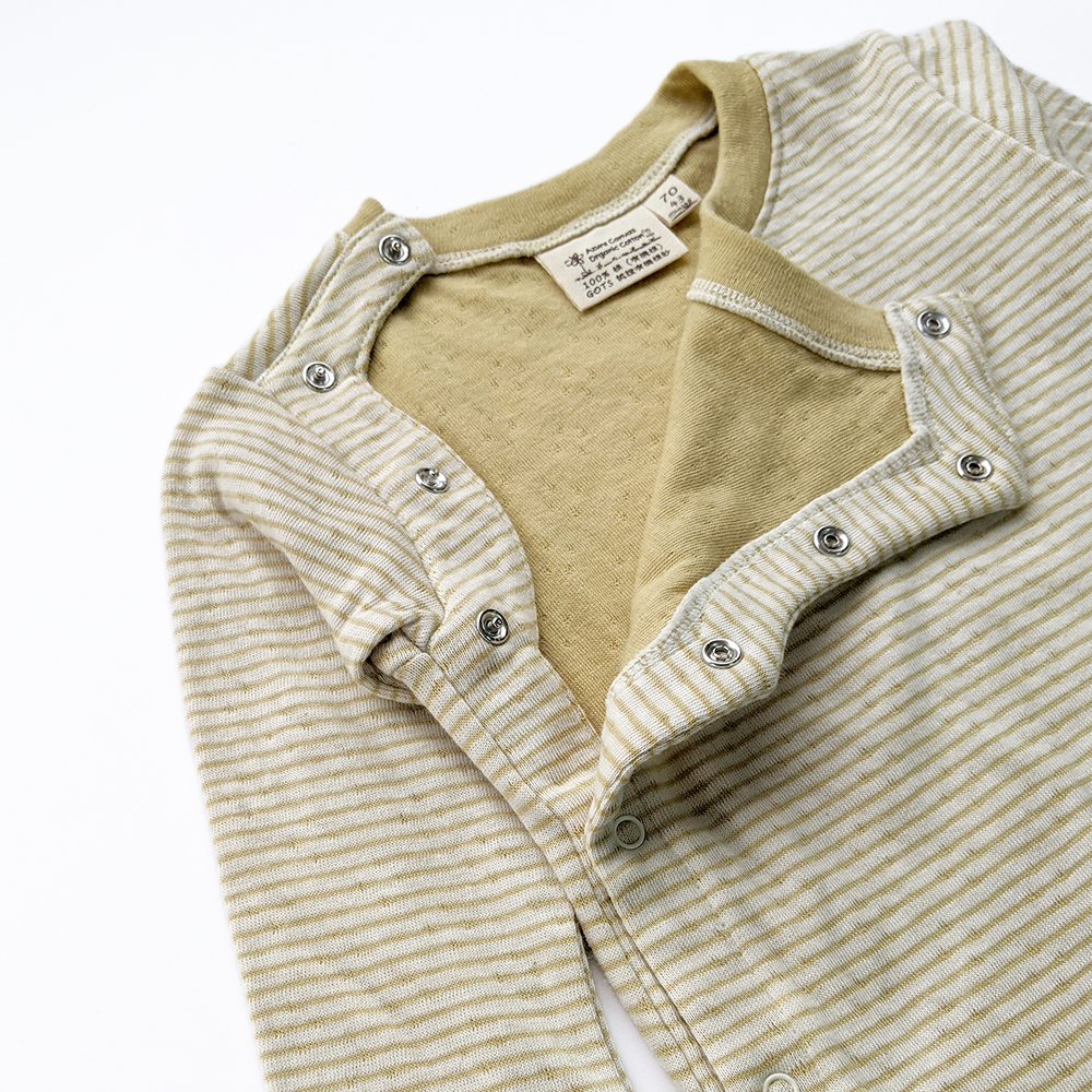 有機棉嬰幼兒雙層彩長袖連身褲-綠條 | 藍天畫布有機棉