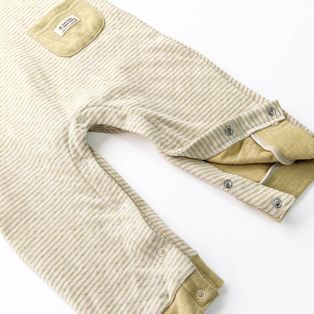 有機棉嬰幼兒雙層彩長袖連身褲-綠條 | 藍天畫布有機棉