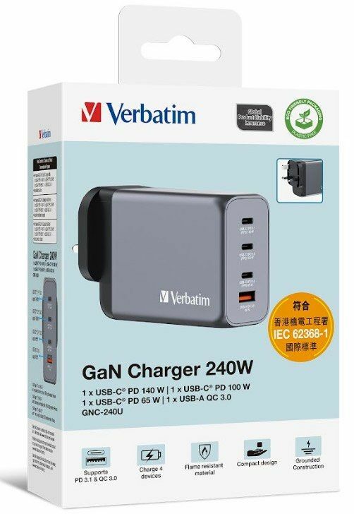 Verbatim 4 Port 240W PD 3.1 & QC 3.0 Gan Charger (UK Plug) (GNC-240U) 32211