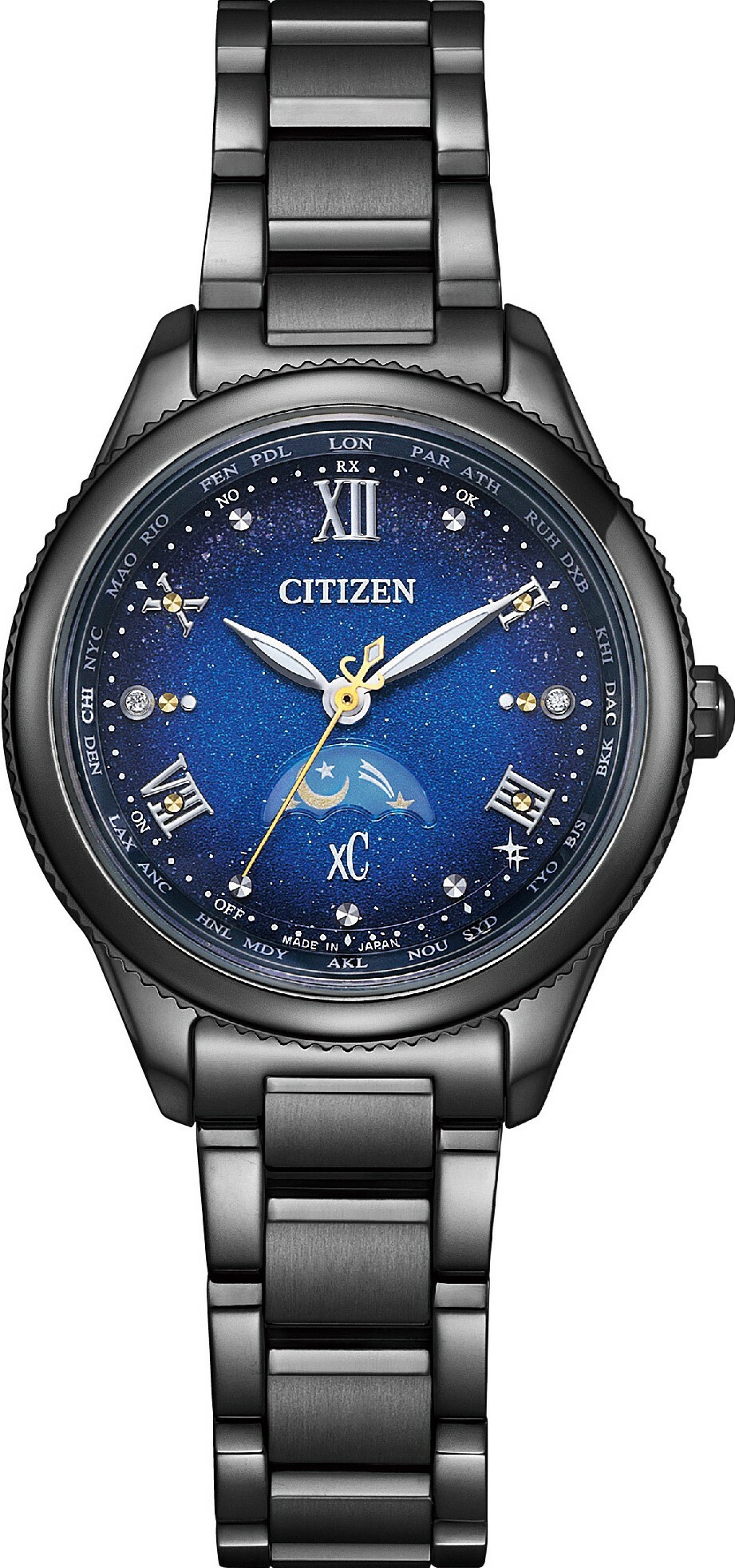 萬年鐘錶 - Citizen 星辰錶  XC   夜川月限定款   星空藍鈦金屬光動能月相電波女錶 EE1007-75L  錶徑29MM