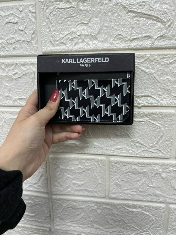 [S] KARL LAGERFELD LA2W0019 MENS MONOGRAM LEATHER CARD HOLDER,BLACK, 194775055065 (SKL929)