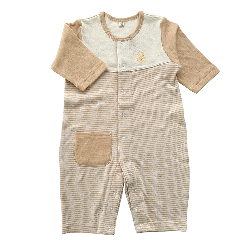 有機棉嬰兒雙層彩長袖兔裝-褐條 | 藍天畫布有機棉