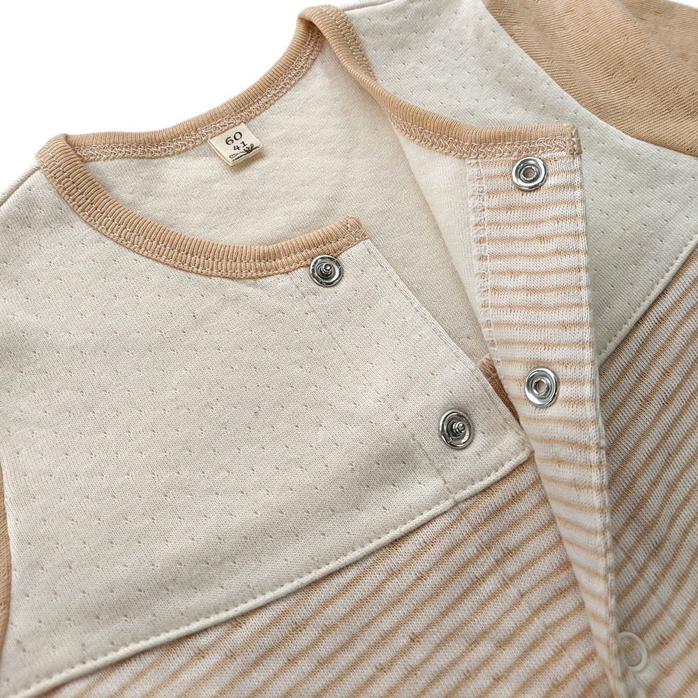 有機棉嬰兒雙層彩長袖兔裝-褐條 | 藍天畫布有機棉