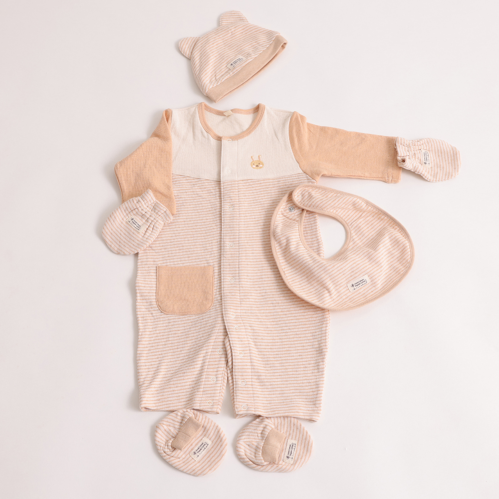 有機棉嬰兒雙層彩長袖兔裝-褐條 | 藍天畫布有機棉