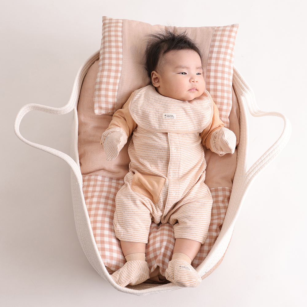 有機棉嬰兒雙層彩長袖兔裝-褐條 | 藍天畫布有機棉