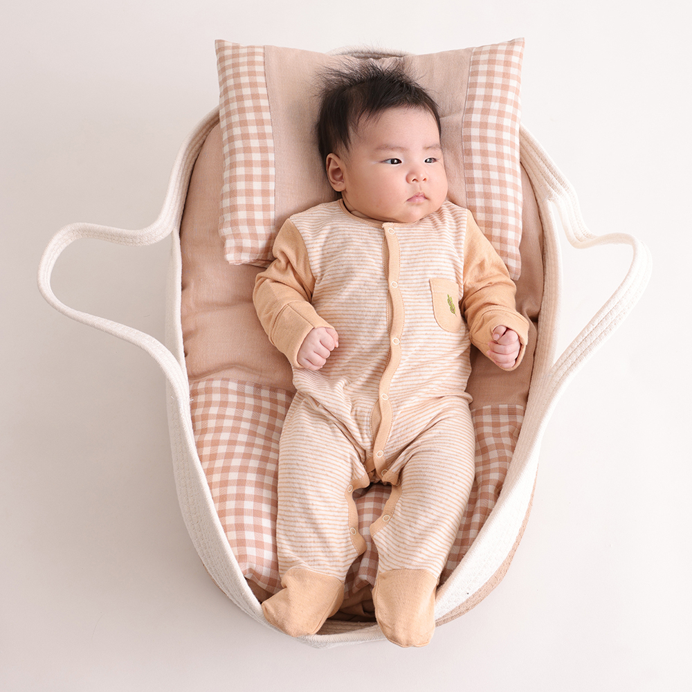 有機棉嬰兒雙層彩長袖包腳連身衣-褐條 | 藍天畫布有機棉