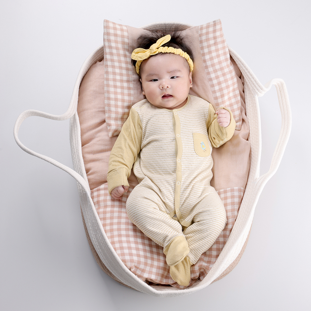 有機棉嬰兒雙層彩長袖包腳連身衣-綠條 | 藍天畫布有機棉