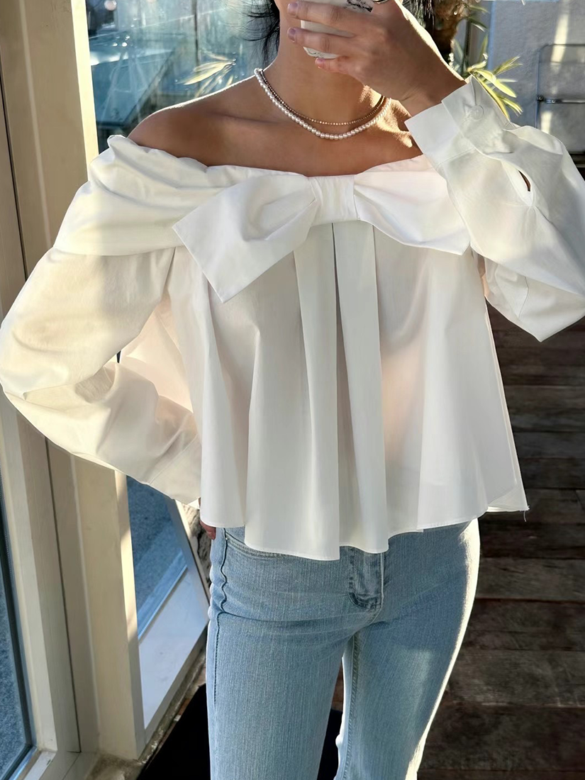 [現貨]露肩前蝴蝶結襯衫上衣 [ 3色  / Free ]