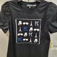 [S] KARL LAGERFELD PUFF SLEEVE EMBROIDERED WHIMSY TOP,BLACK/BLUE, L3KH7853-BBU (SKL942)