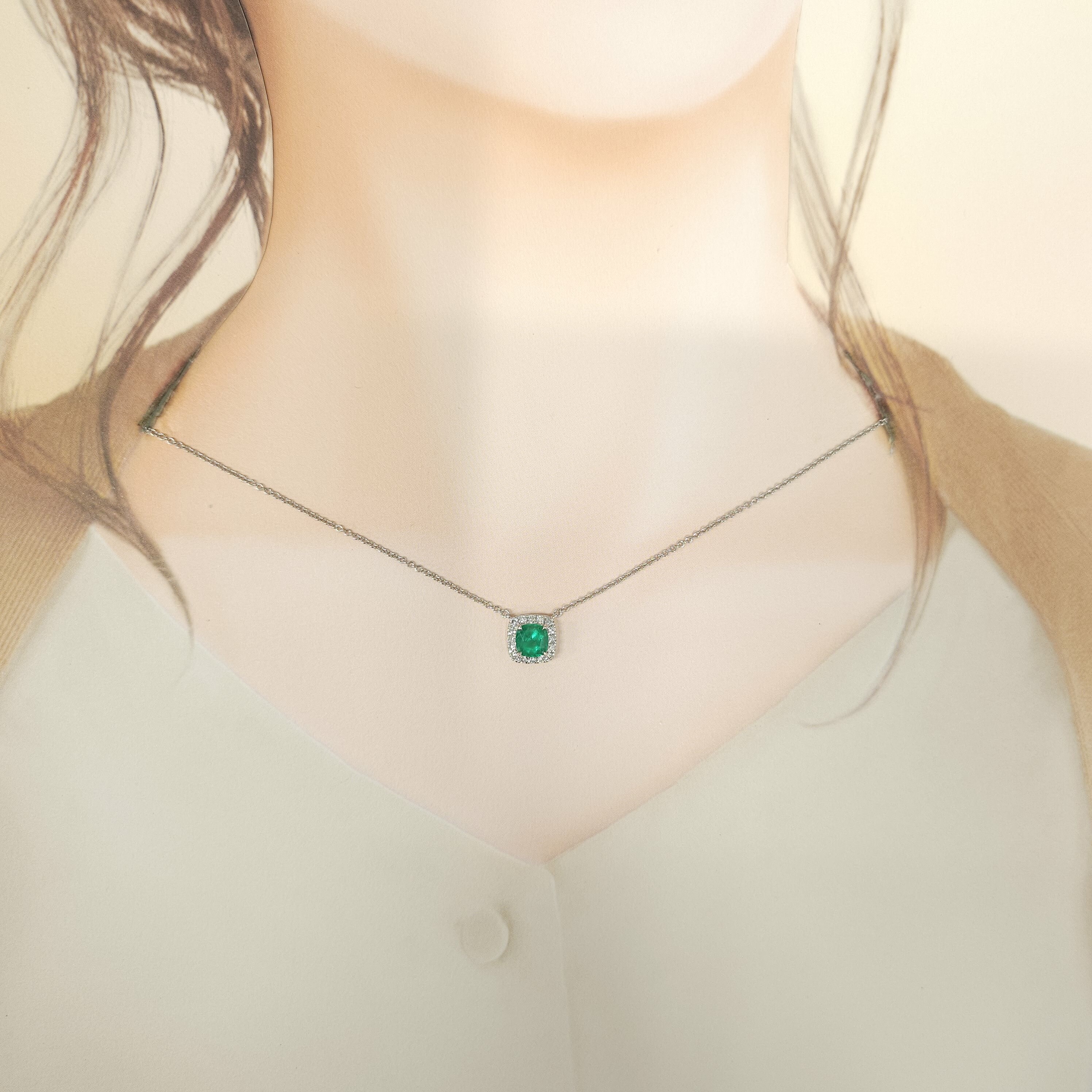 18K White Gold 0.86ct Emerald and Diamond Necklace