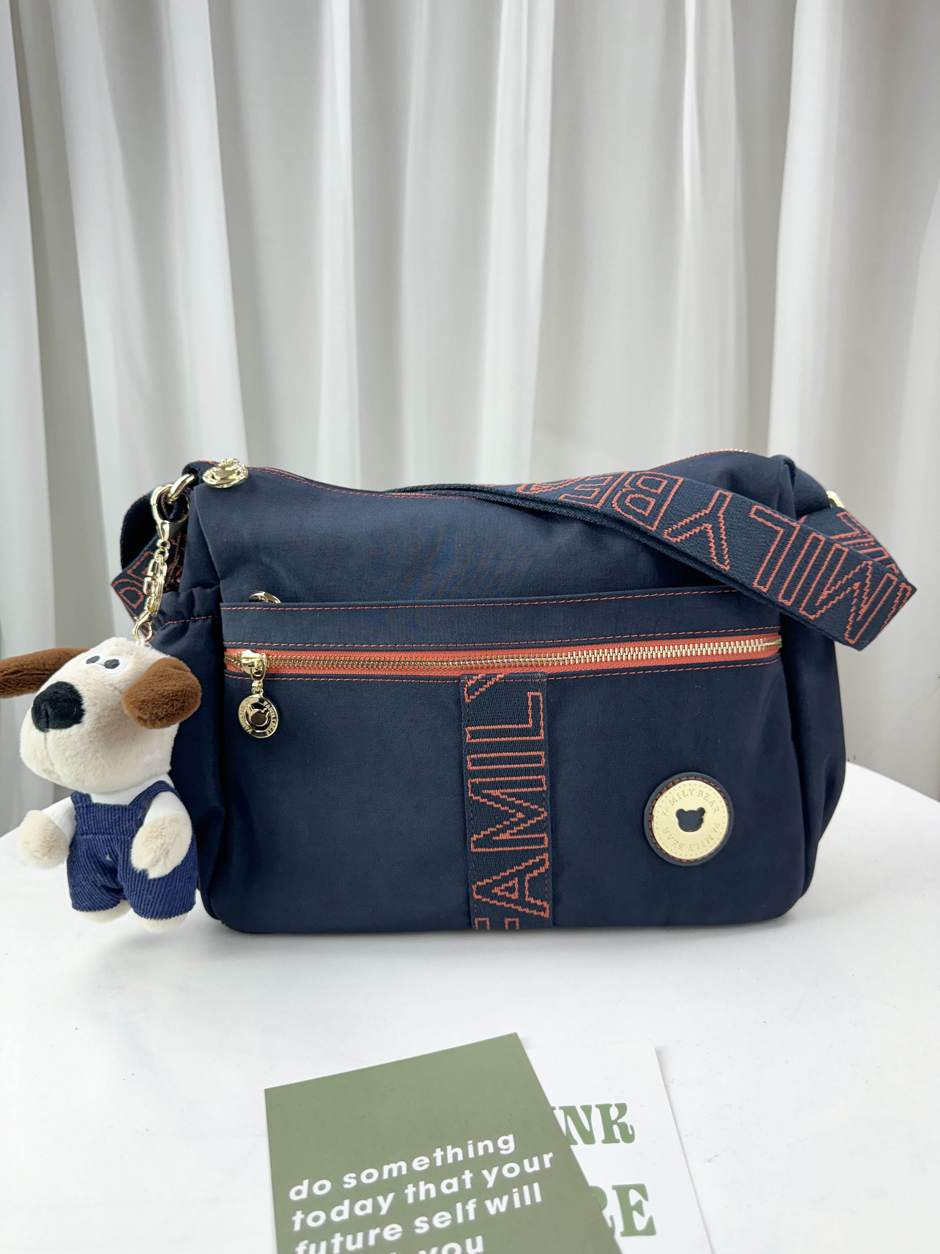 FamilyBear 藍橙織帶防潑水側背包 附兔兔吊飾  #2860