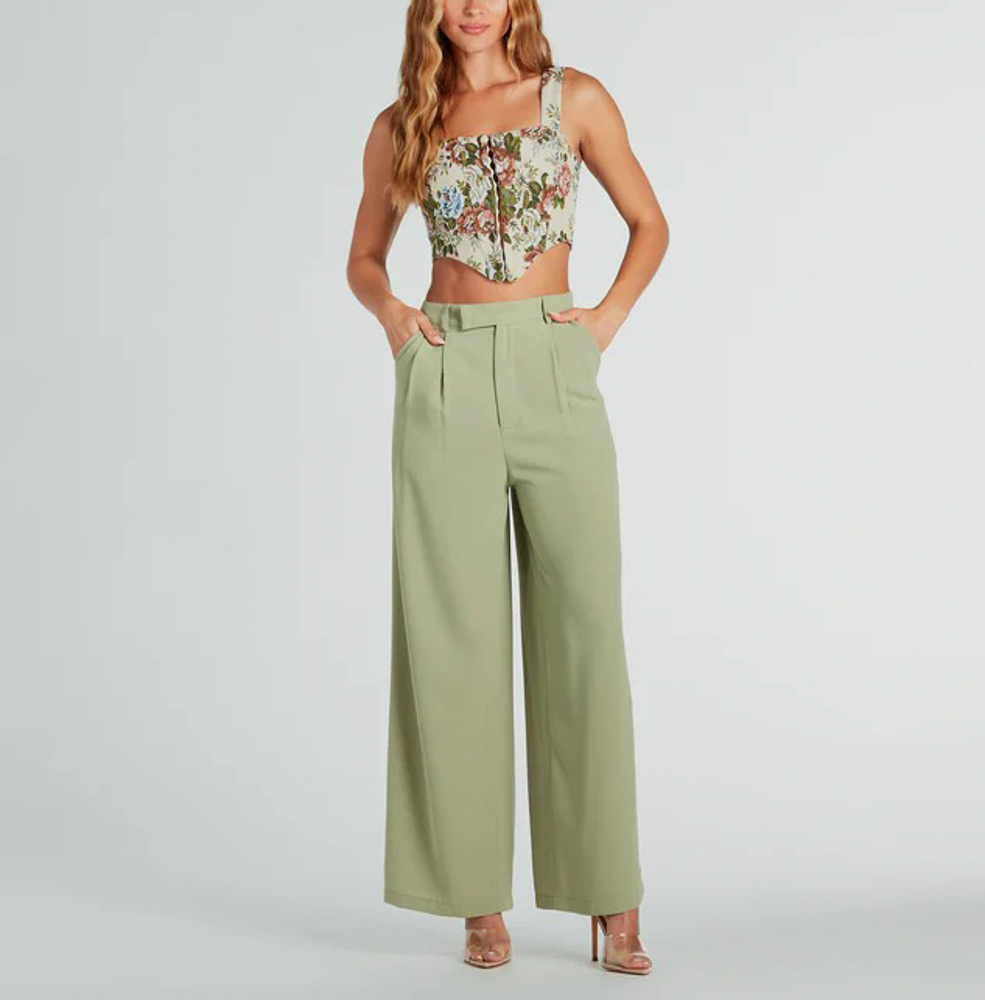 Sage 鼠尾草綠色高腰壓摺長寬褲