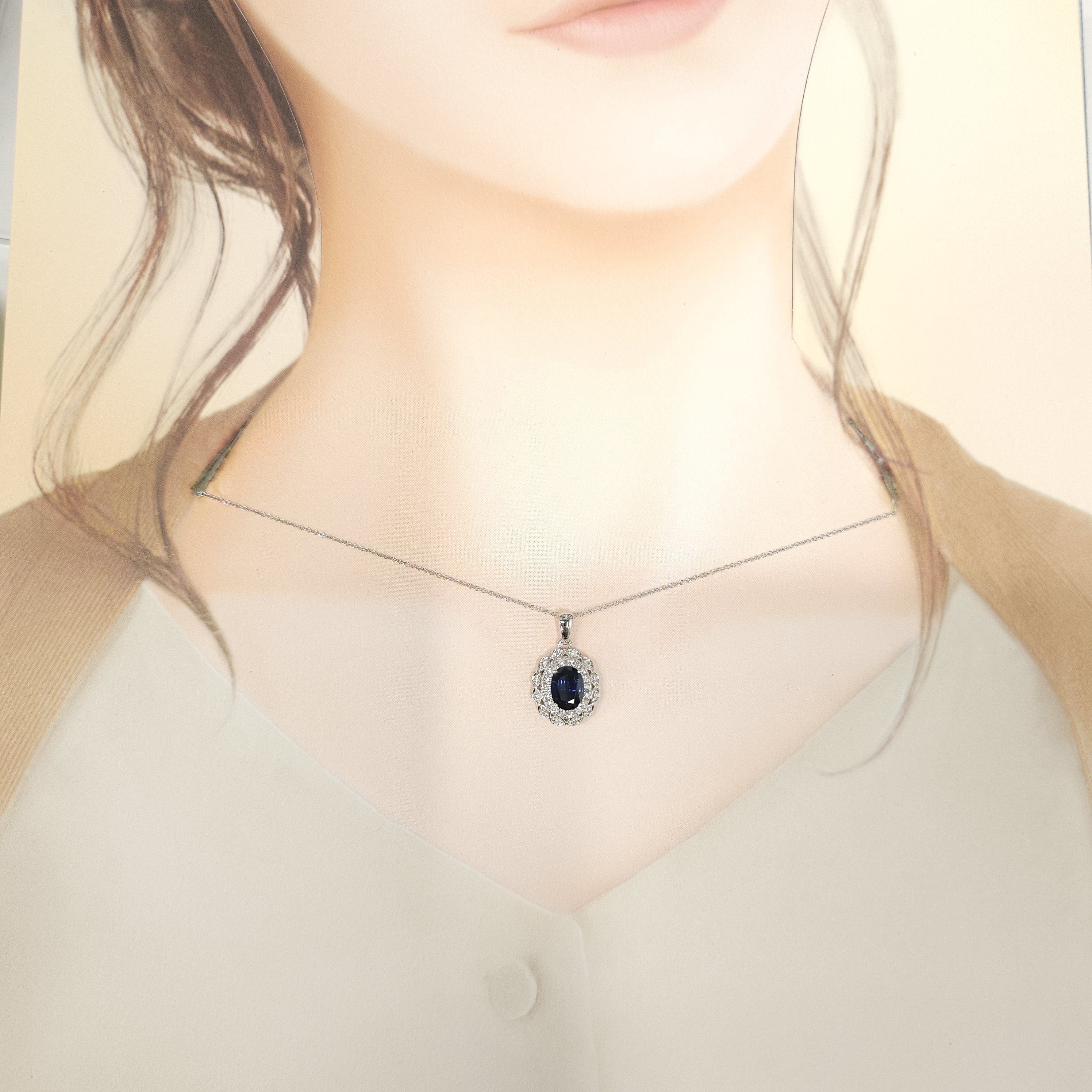 18K White Gold 1.32ct Sapphire and Diamond Pendant