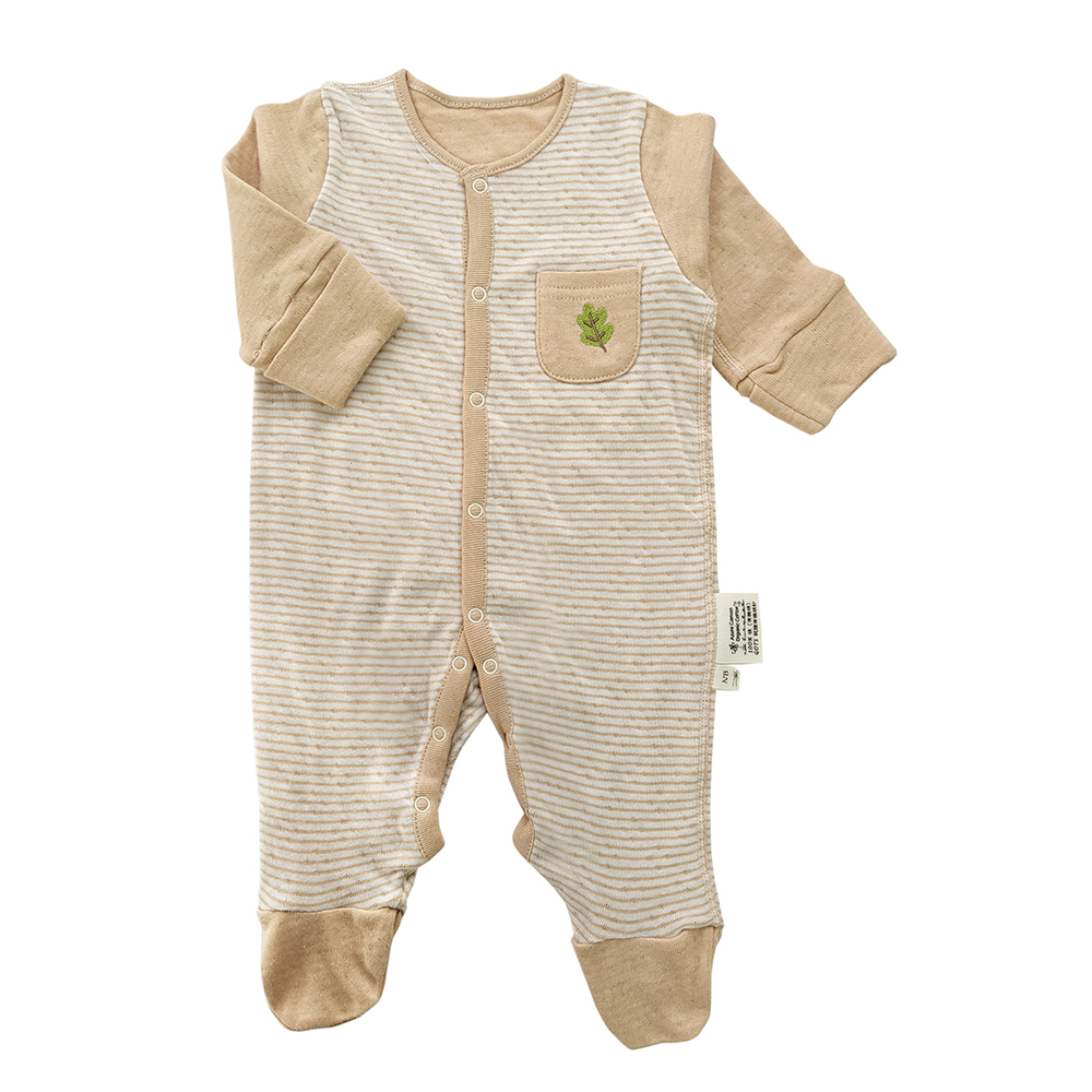 有機棉嬰兒雙層彩長袖包腳連身衣-褐條 | 藍天畫布有機棉