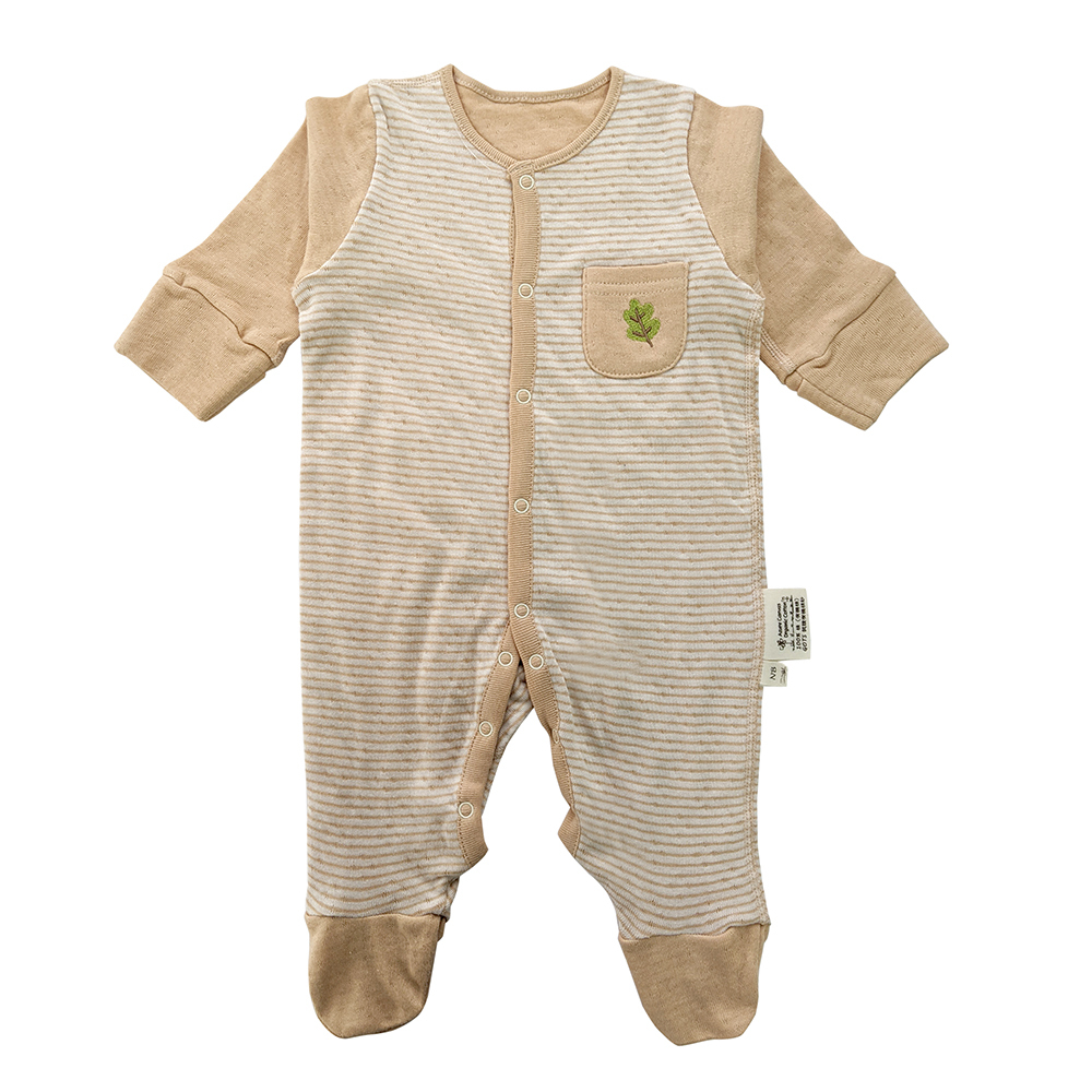 有機棉嬰兒雙層彩長袖包腳連身衣-褐條 | 藍天畫布有機棉