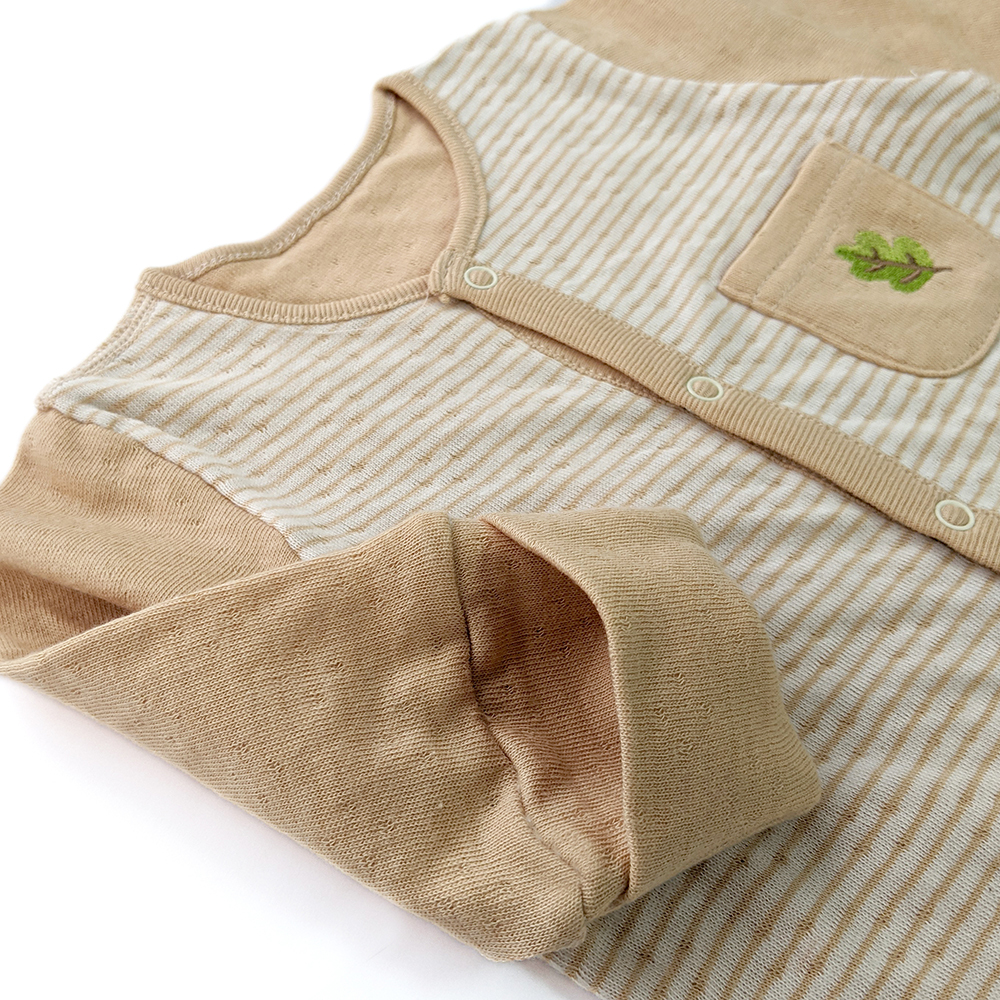 有機棉嬰兒雙層彩長袖包腳連身衣-褐條 | 藍天畫布有機棉