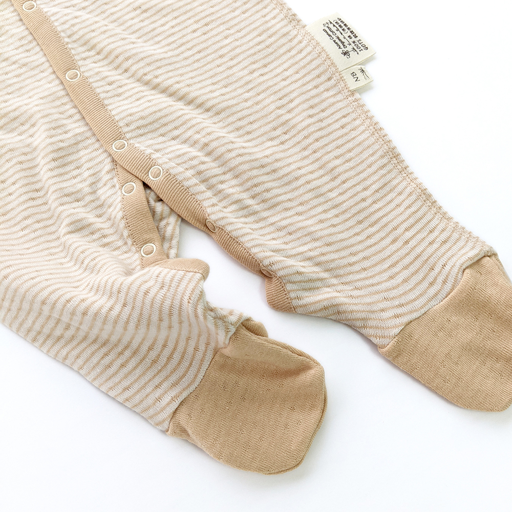 有機棉嬰兒雙層彩長袖包腳連身衣-褐條 | 藍天畫布有機棉