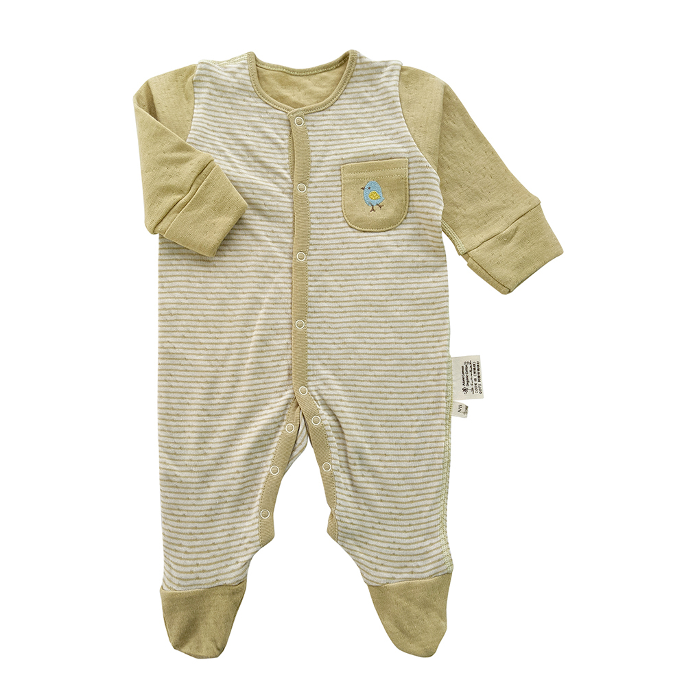 有機棉嬰兒雙層彩長袖包腳連身衣-綠條 | 藍天畫布有機棉