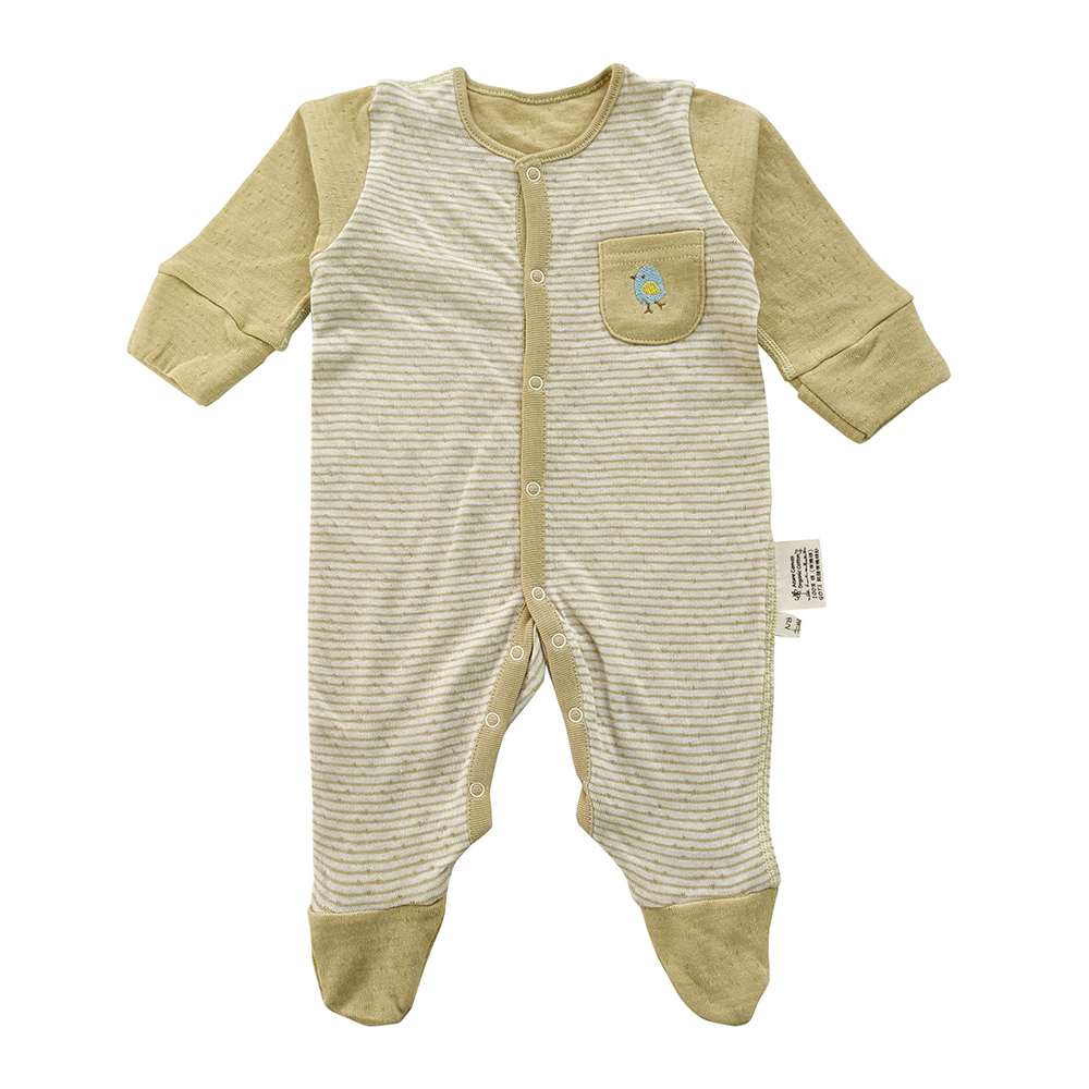 有機棉嬰兒雙層彩長袖包腳連身衣-綠條 | 藍天畫布有機棉