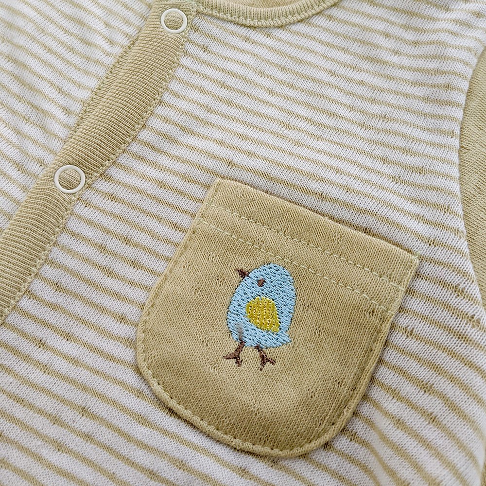 有機棉嬰兒雙層彩長袖包腳連身衣-綠條 | 藍天畫布有機棉