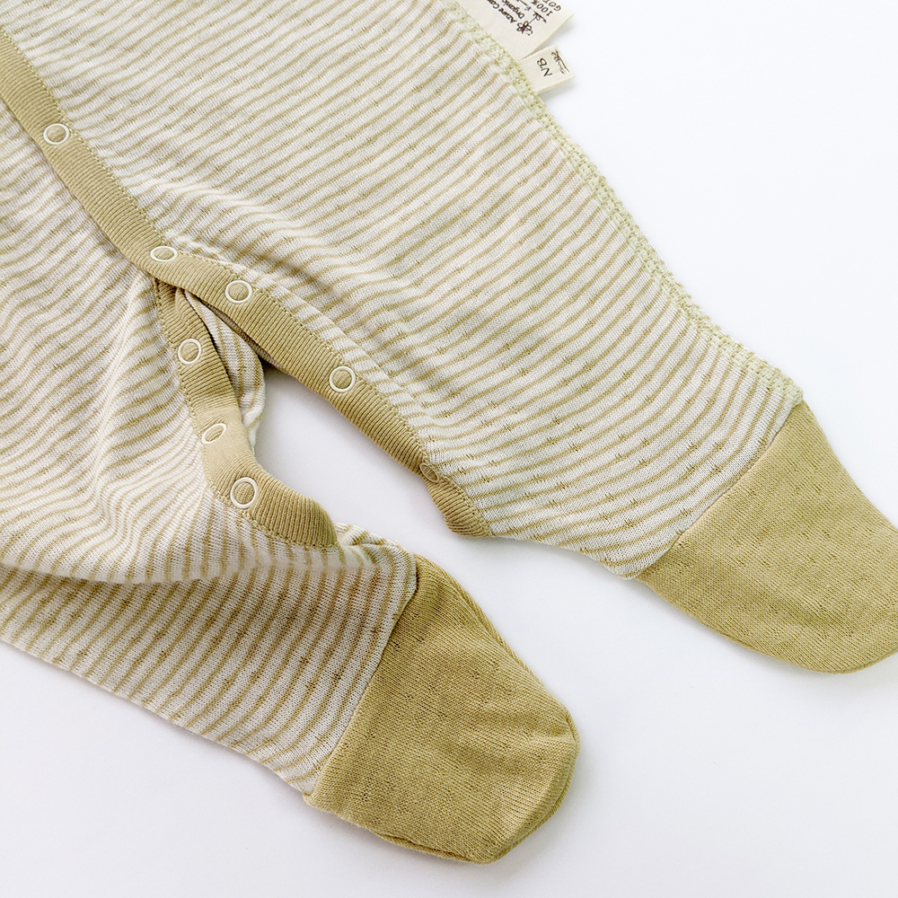 有機棉嬰兒雙層彩長袖包腳連身衣-綠條 | 藍天畫布有機棉