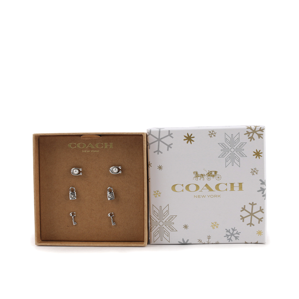 【COACH】玻璃珍珠C Logo/鎖頭/鑰匙造型耳環禮盒組(銀色) CO293 SLV