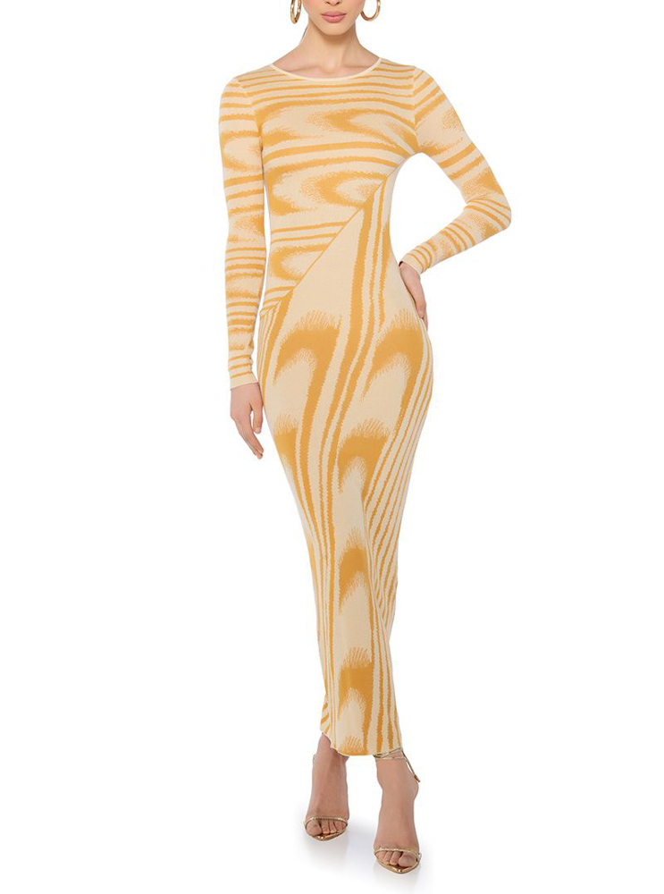 Mustard 芥末黃色針織抽象印花長袖 Maxi Dress