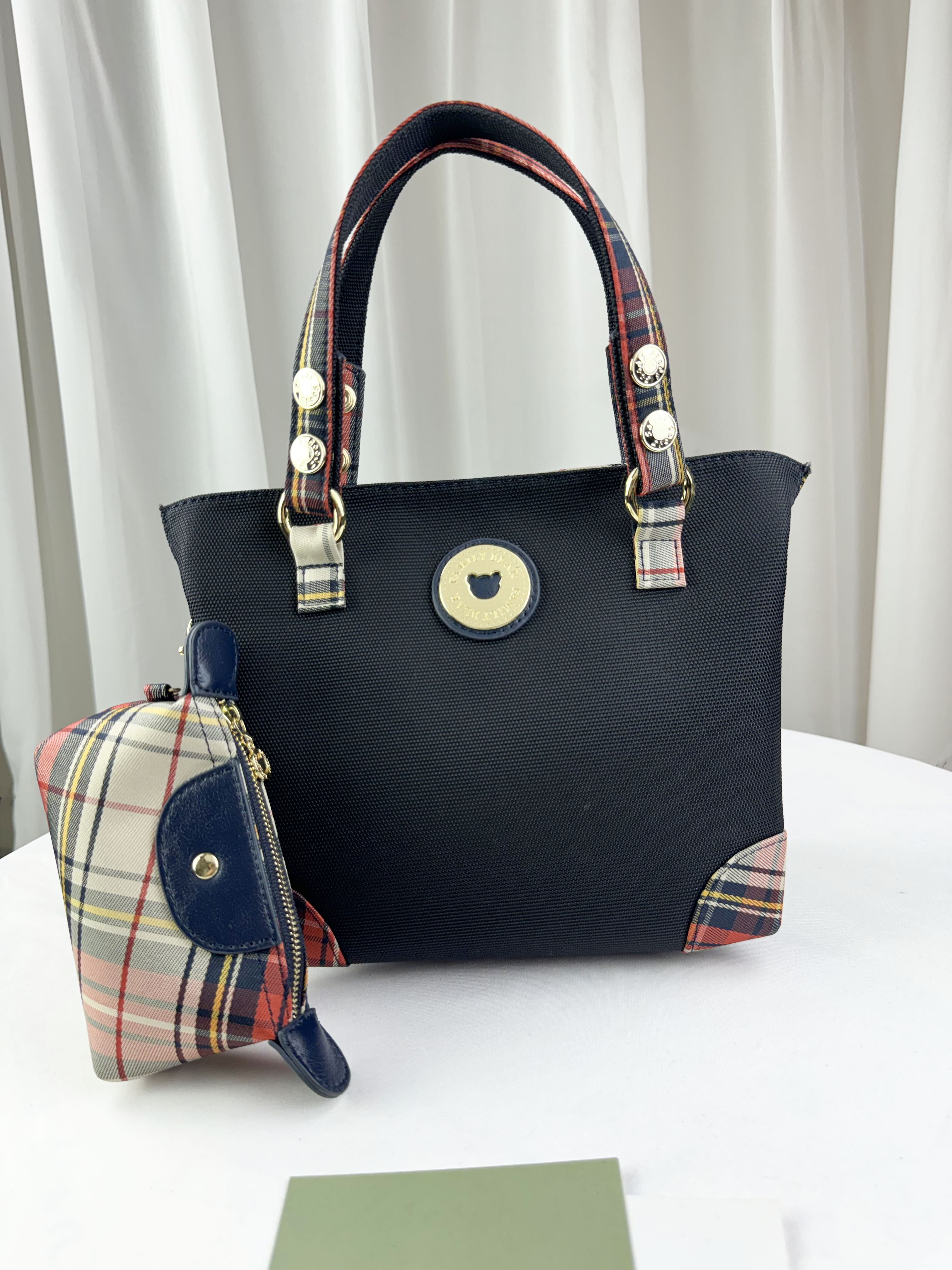 FamilyBear 橙格紋拼色防潑水手提包 / 側背包 附格紋零錢包  #1956