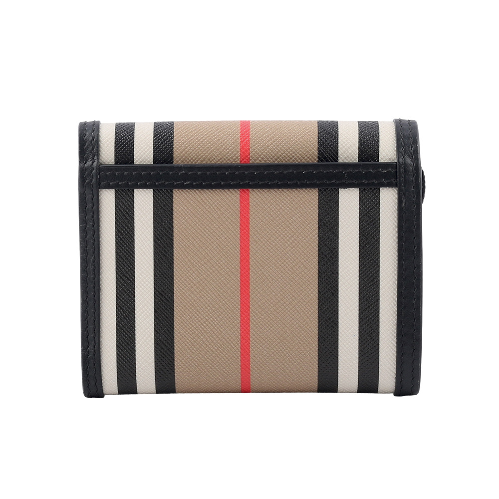 【BURBERRY】經典條紋塗層帆布及牛皮三折短夾(黑色/經典米色) 80730821