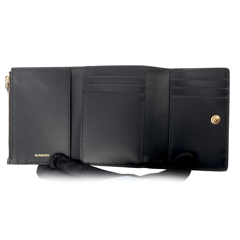 【BURBERRY】經典條紋塗層帆布及牛皮三折短夾(黑色/經典米色) 80730821