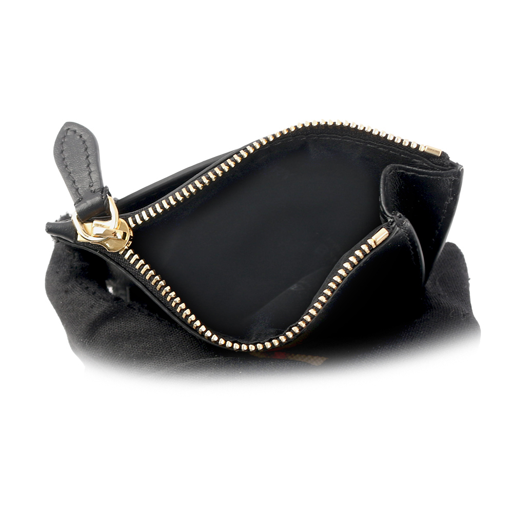 【BURBERRY】經典條紋塗層帆布及牛皮三折短夾(黑色/經典米色) 80730821