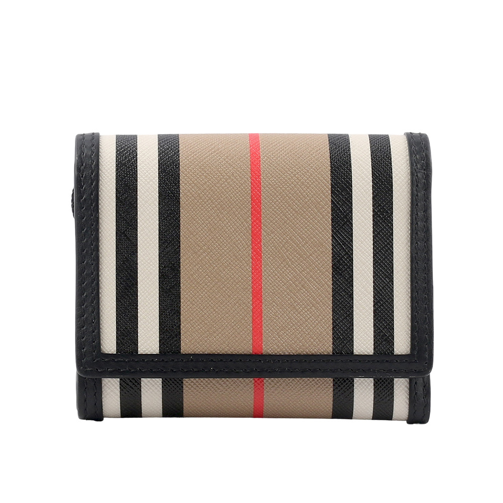 【BURBERRY】經典條紋塗層帆布及牛皮三折短夾(黑色/經典米色) 80730821