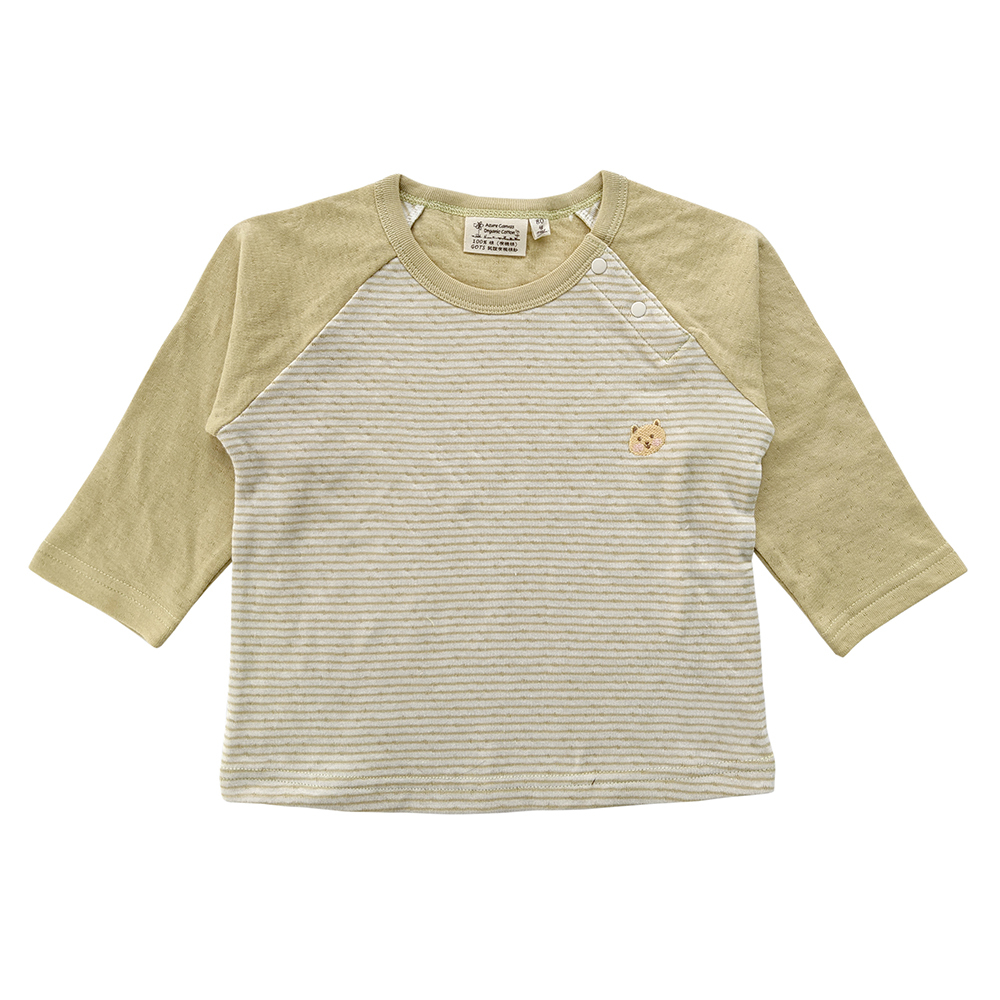 有機棉幼兒雙層彩拉克蘭袖長T-綠條 | 藍天畫布有機棉
