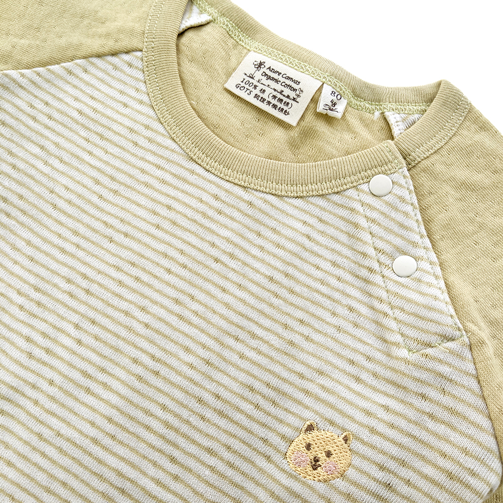 有機棉幼兒雙層彩拉克蘭袖長T-綠條 | 藍天畫布有機棉