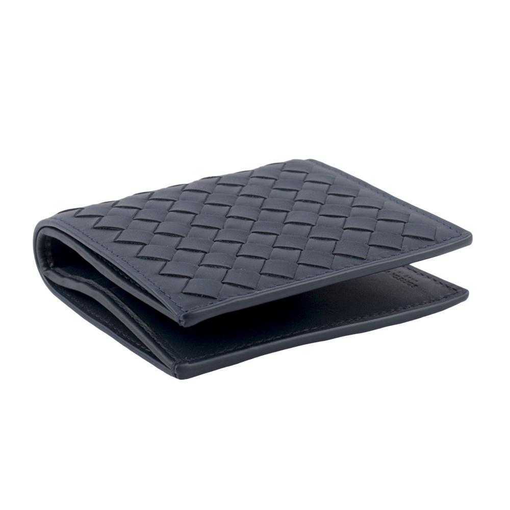 【BOTTEGA VENETA】小牛皮編織對開6卡短夾(深藍色) 222338 V4651 4013