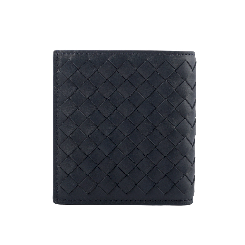 【BOTTEGA VENETA】小牛皮編織對開6卡短夾(深藍色) 222338 V4651 4013
