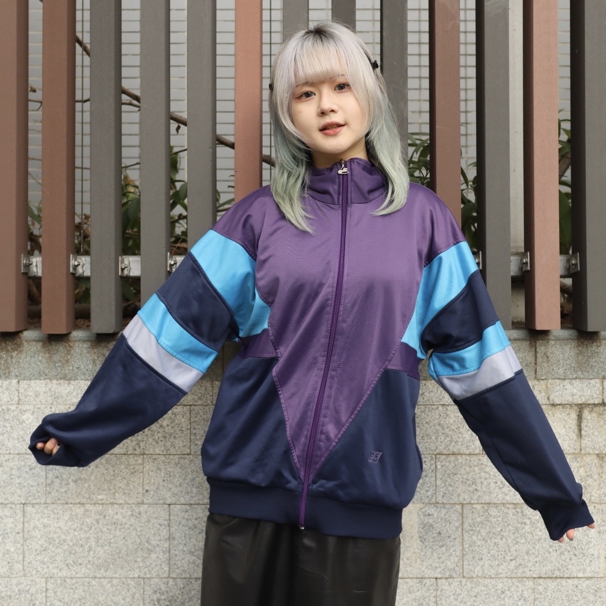 Vintage 紫藍拼接設計防風運動外套