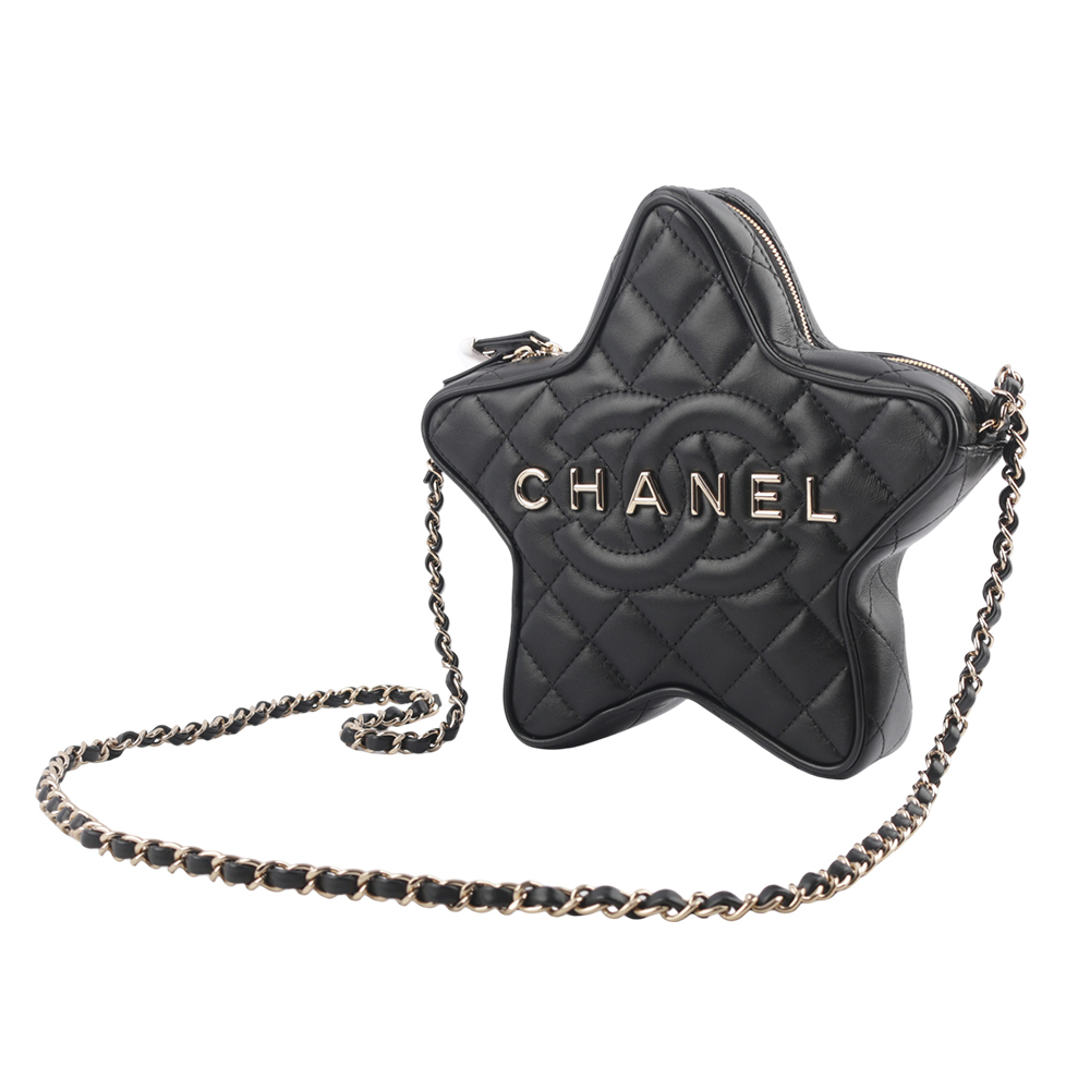 【CHANEL】24C 金色標誌菱格紋小羊皮星星包(黑色) AS4579 B15493 94305