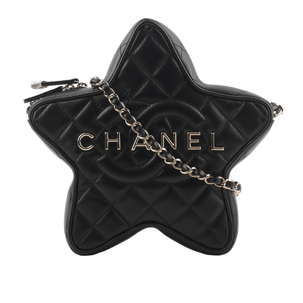 【CHANEL】24C 金色標誌菱格紋小羊皮星星包(黑色) AS4579 B15493 94305