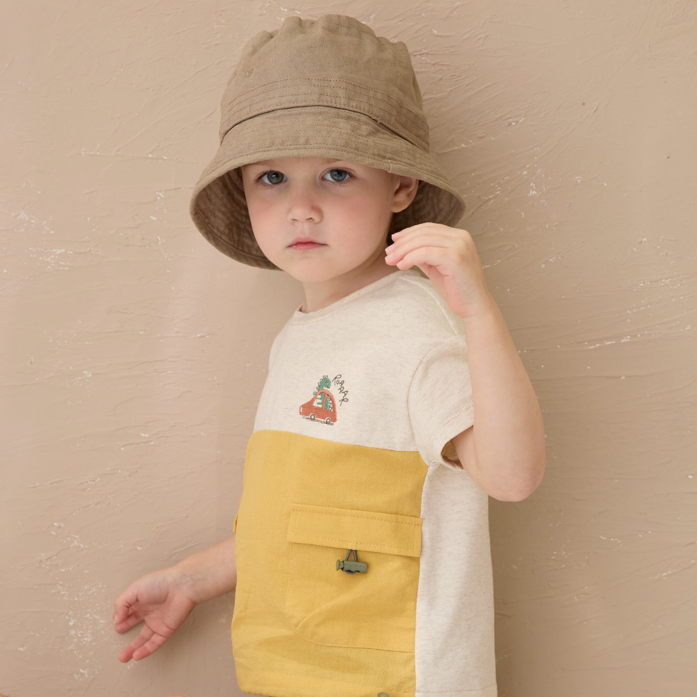 PIPPY兩色拼接工裝雙口袋刺繡抽繩棉質短袖上衣 黃