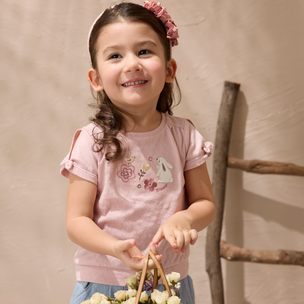 PIPPY花園小兔子刺繡袖口蝴蝶結純棉短袖上衣 粉