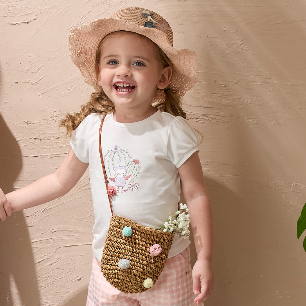 PIPPY萌萌仙人掌貓頭鷹精緻刺繡抽皺圓領棉質上衣 米白