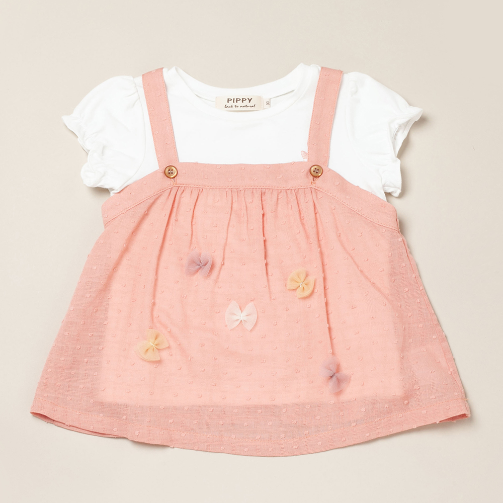 PIPPY 俏皮兩件式吊帶蝴蝶結棉質圓領上衣 粉
