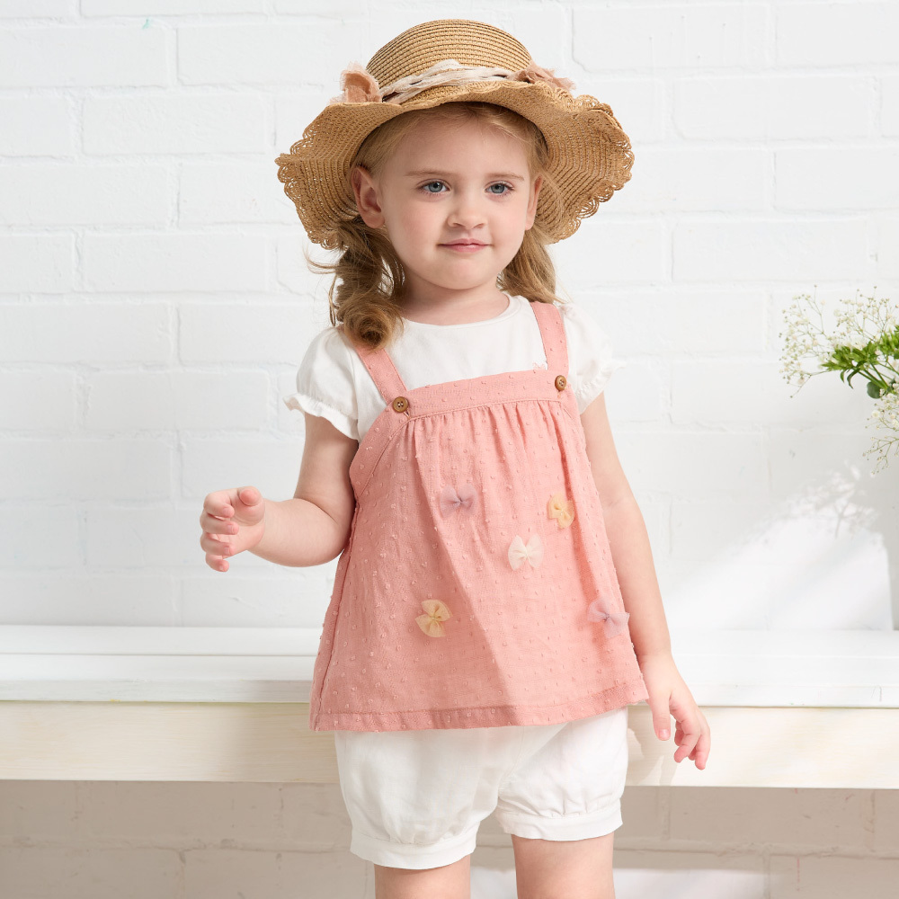 PIPPY 俏皮兩件式吊帶蝴蝶結棉質圓領上衣 粉