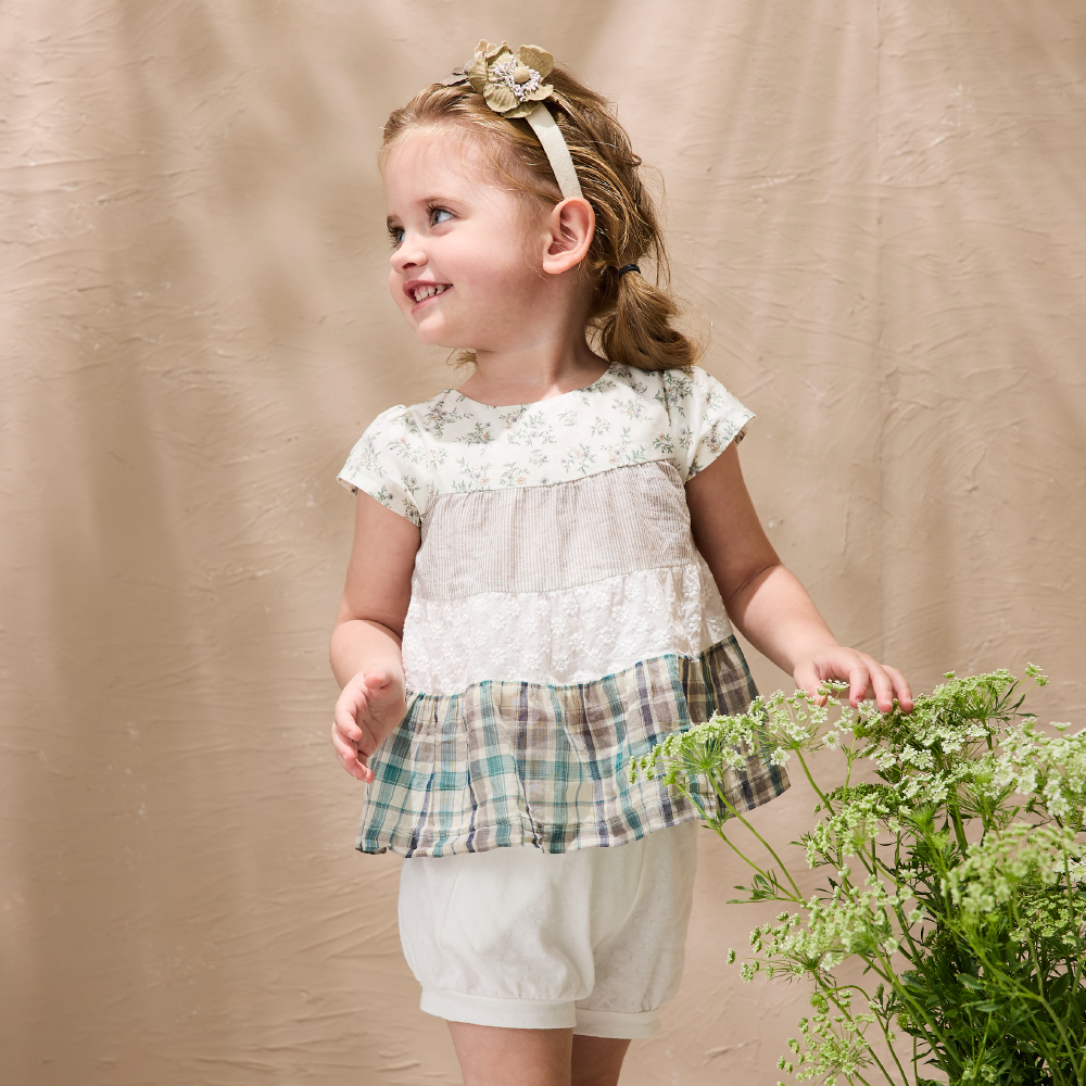 PIPPY花漾四層拼接飄逸小波浪純棉印花短袖上衣 綠