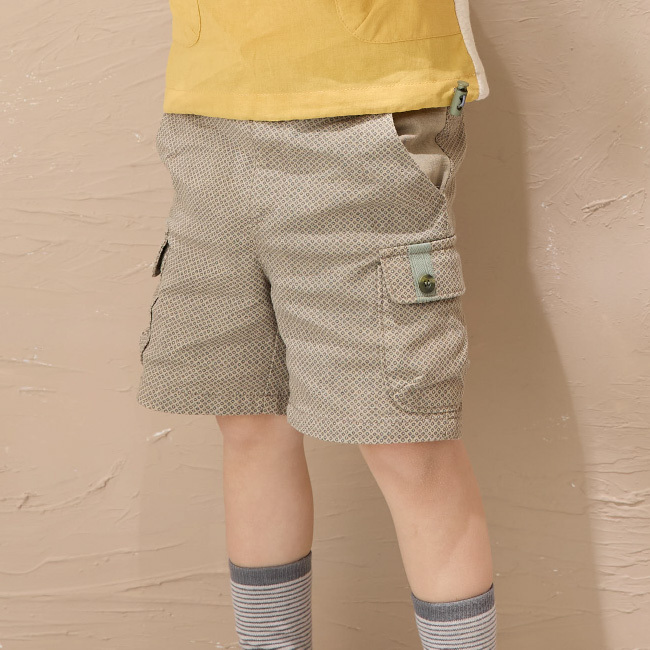 PIPPY潮酷棉麻工裝雙口袋拼接休閒短褲 藍/卡其