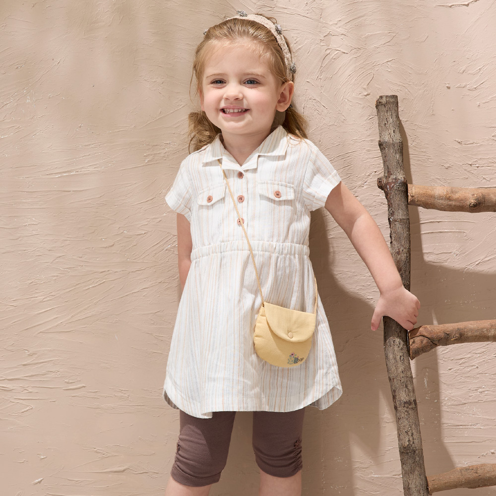 PIPPY 純棉氣質條紋翻領短袖洋裝附精緻小包包  卡其