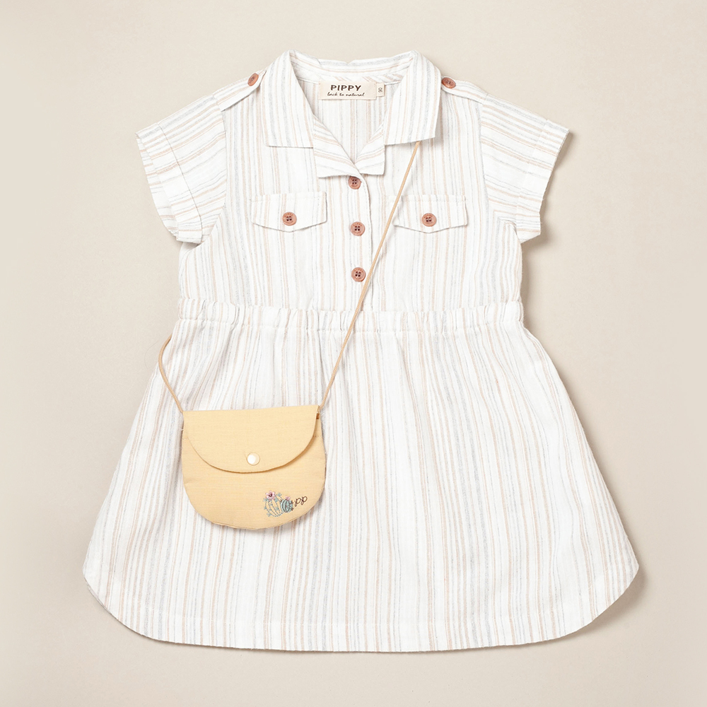 PIPPY 純棉氣質條紋翻領短袖洋裝附精緻小包包  卡其