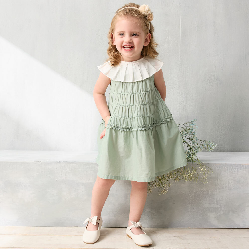 PIPPY 法式優雅摺壓大領片純棉抽皺剪接背心裙 綠